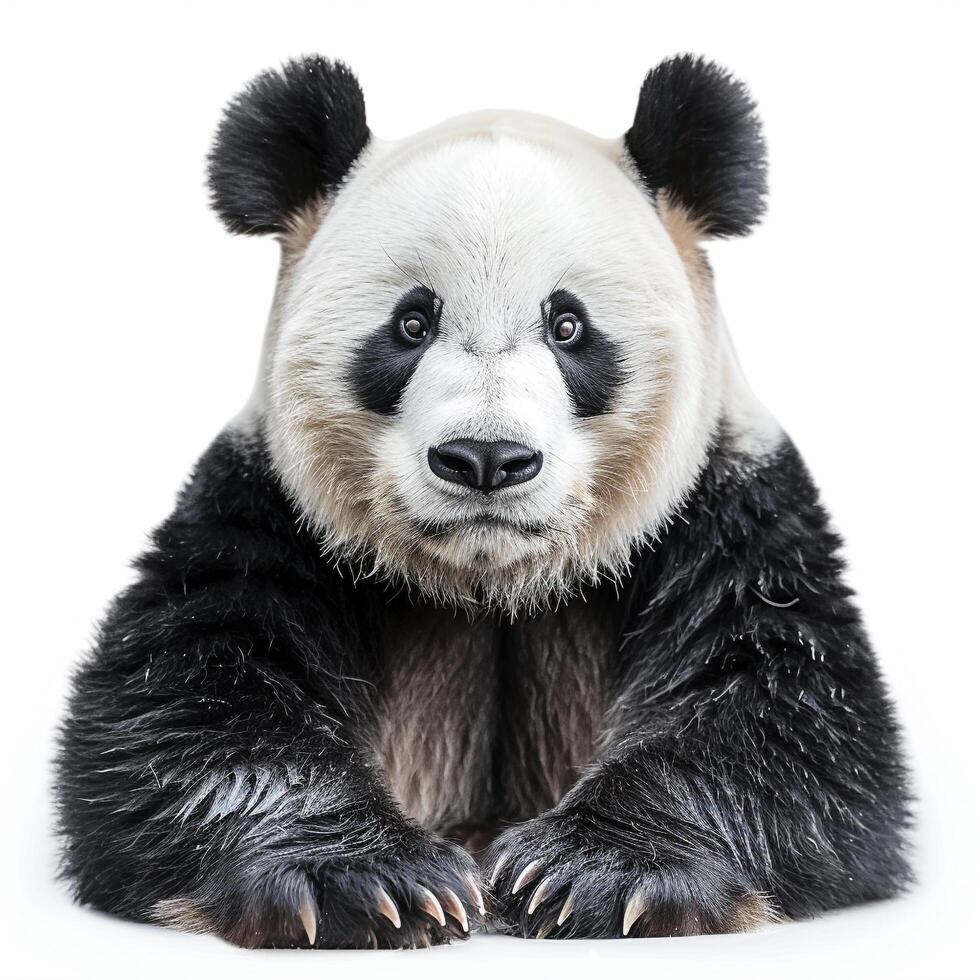 a panda bear sitting down on a white background photo