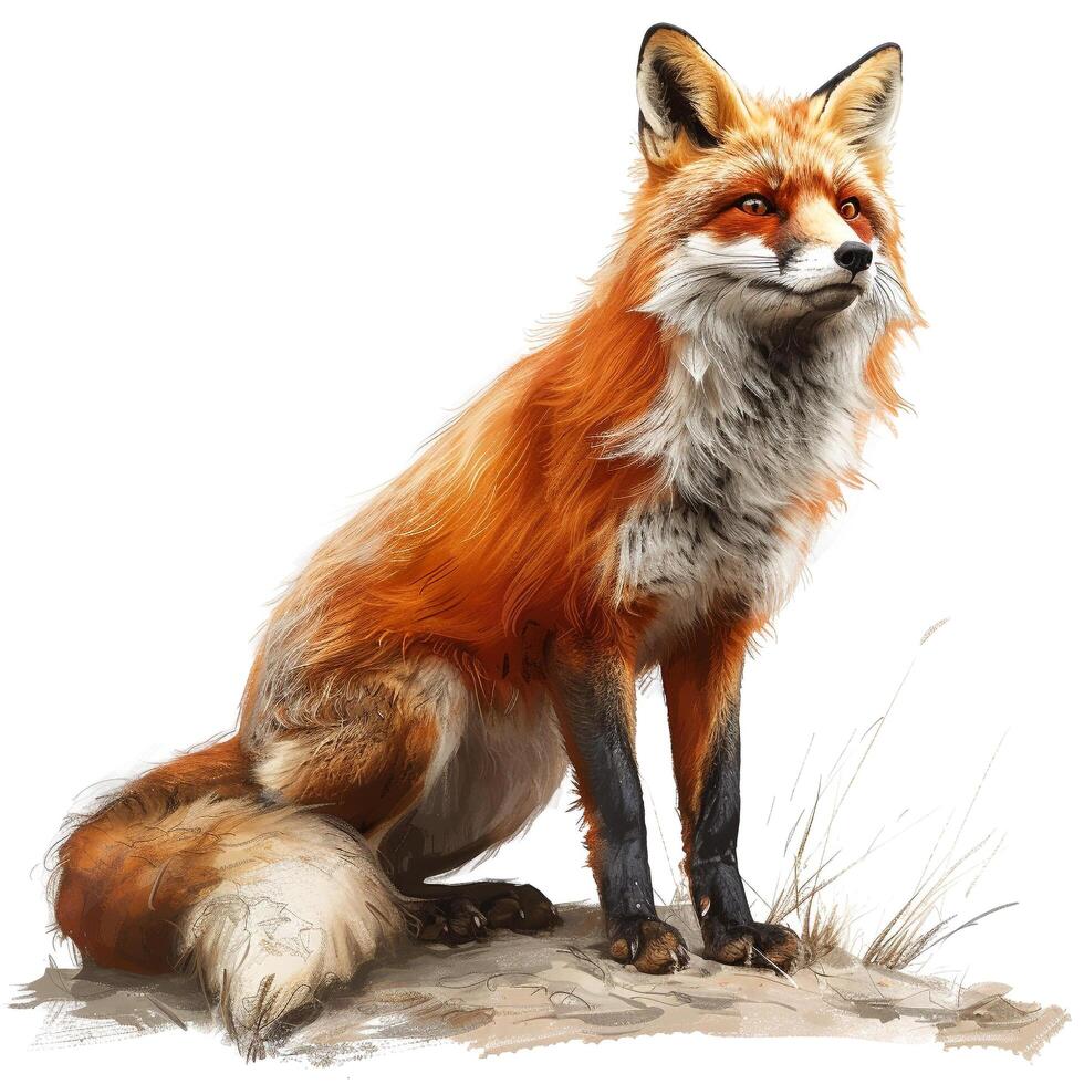 a painting of a red fox sitting on the ground photo