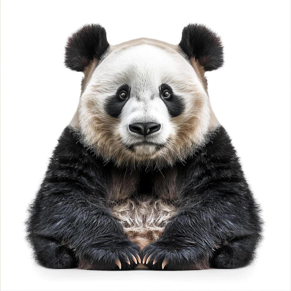 a panda bear sitting on the ground with its paws up photo