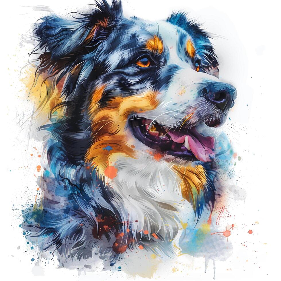 an australian shepherd dog is shown in watercolor photo