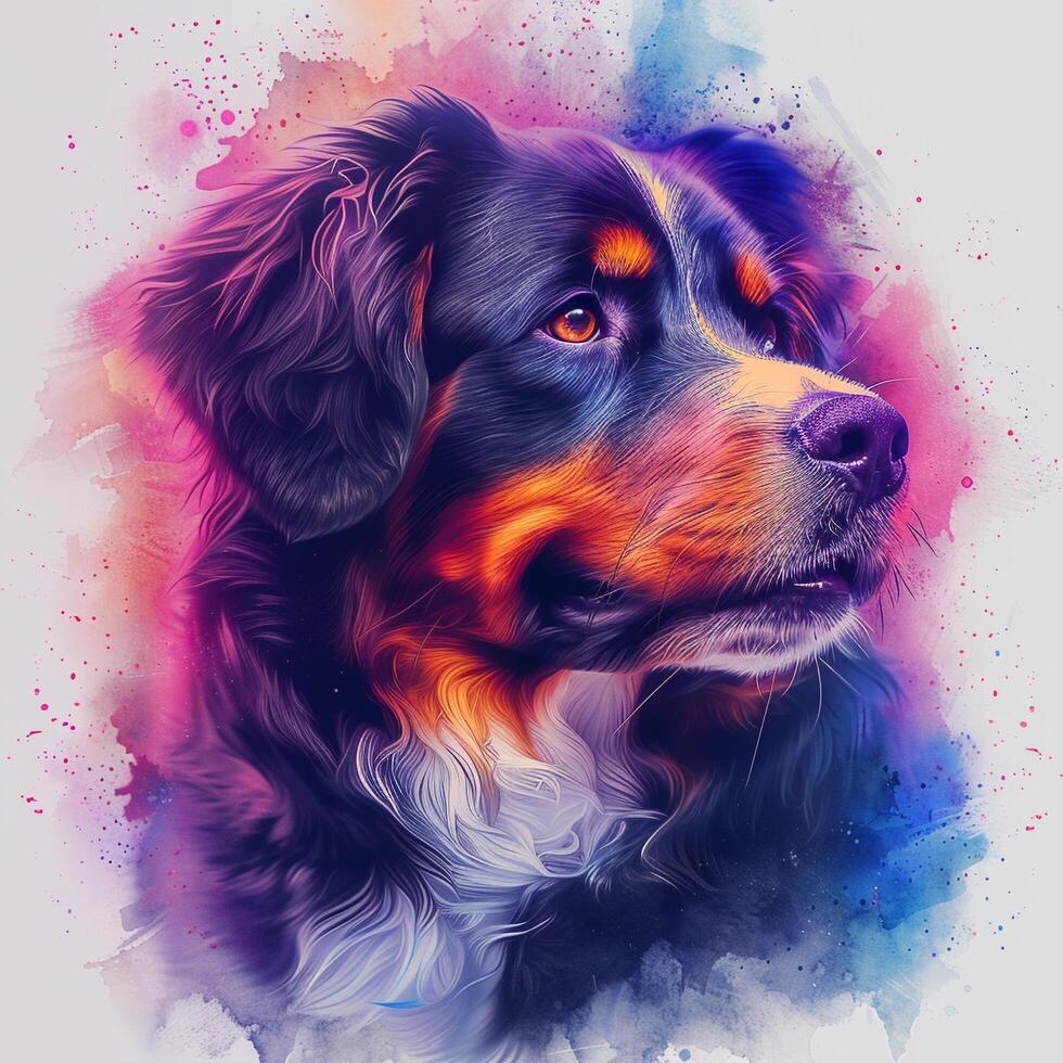 a dog with colorful paint splatters on its face photo