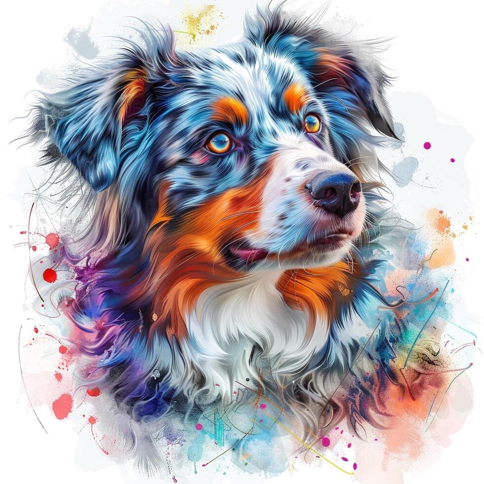 an australian shepherd dog is shown in a watercolor painting photo