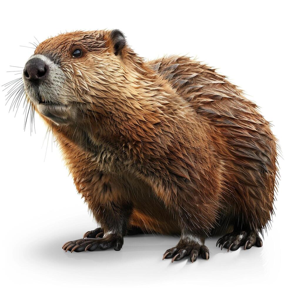 a beaver is standing in front of a white background photo