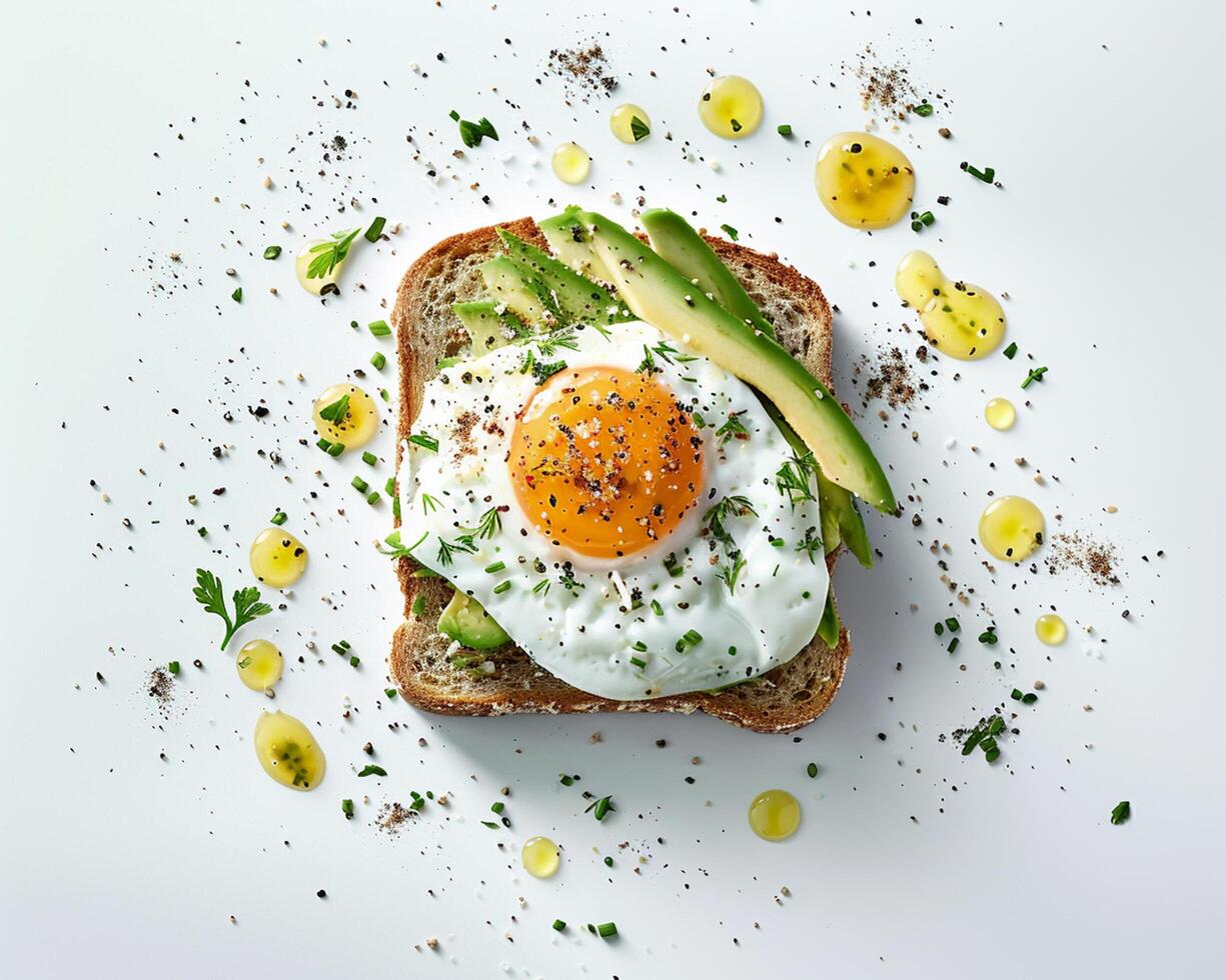 An egg on toast with avocado and herbs photo