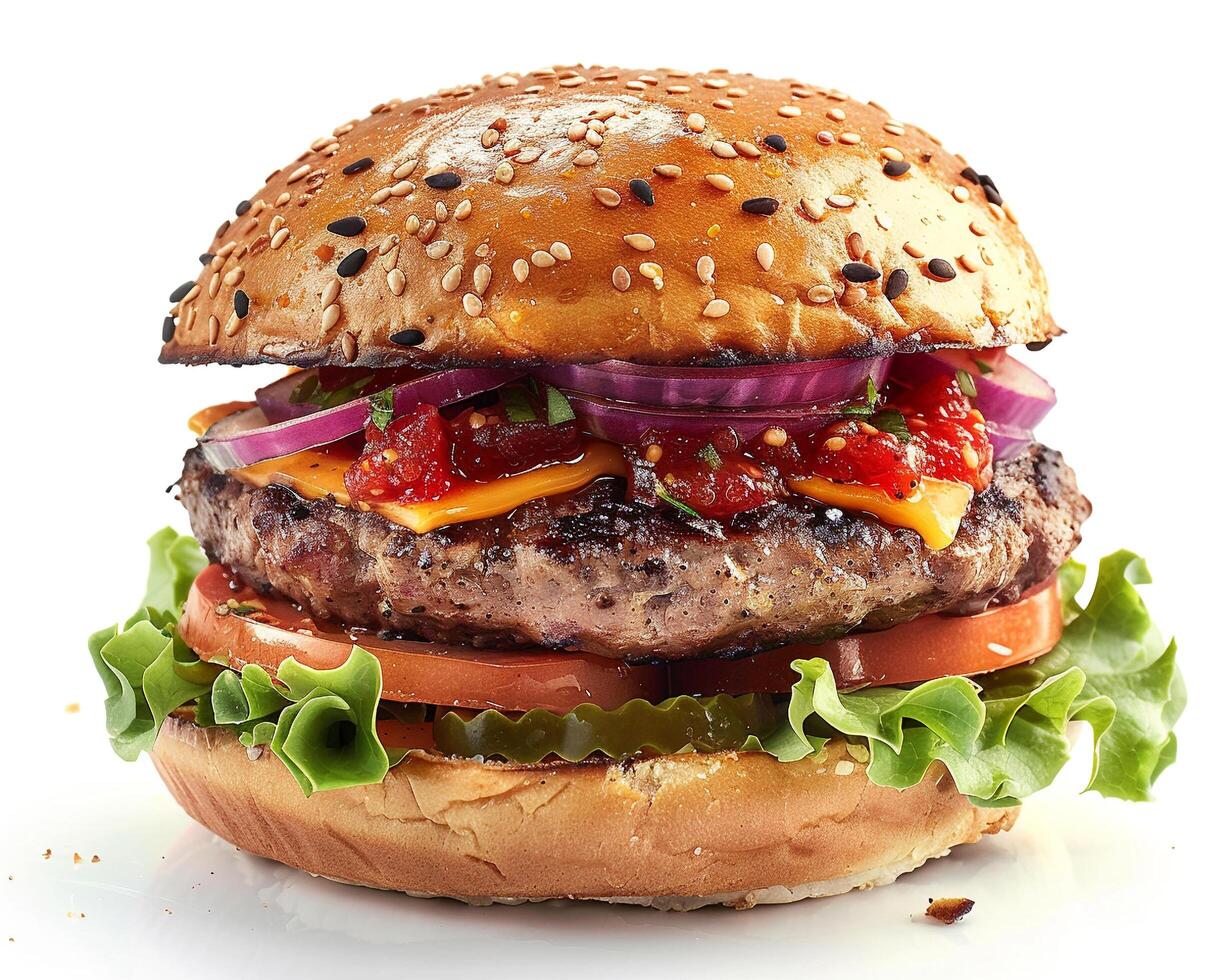 un hamburguesa con queso, cebollas, Tomates y lechuga foto