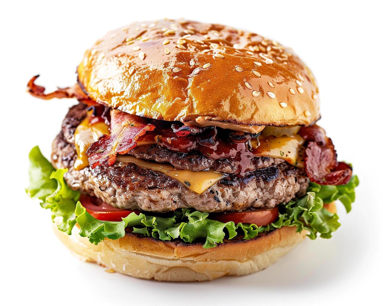 A large hamburger with bacon, lettuce, and cheese photo