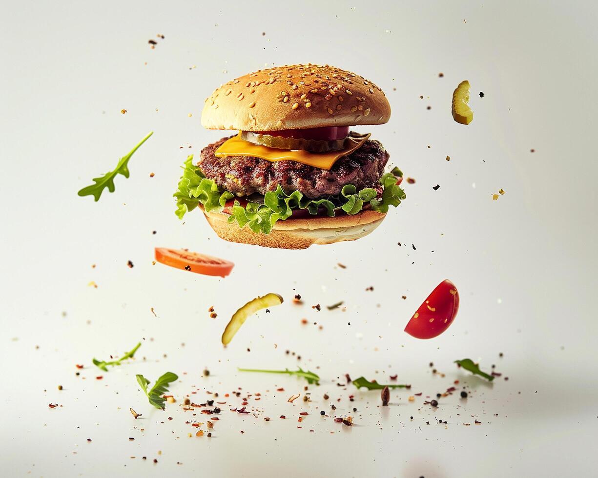 A hamburger is flying in the air with toppings photo
