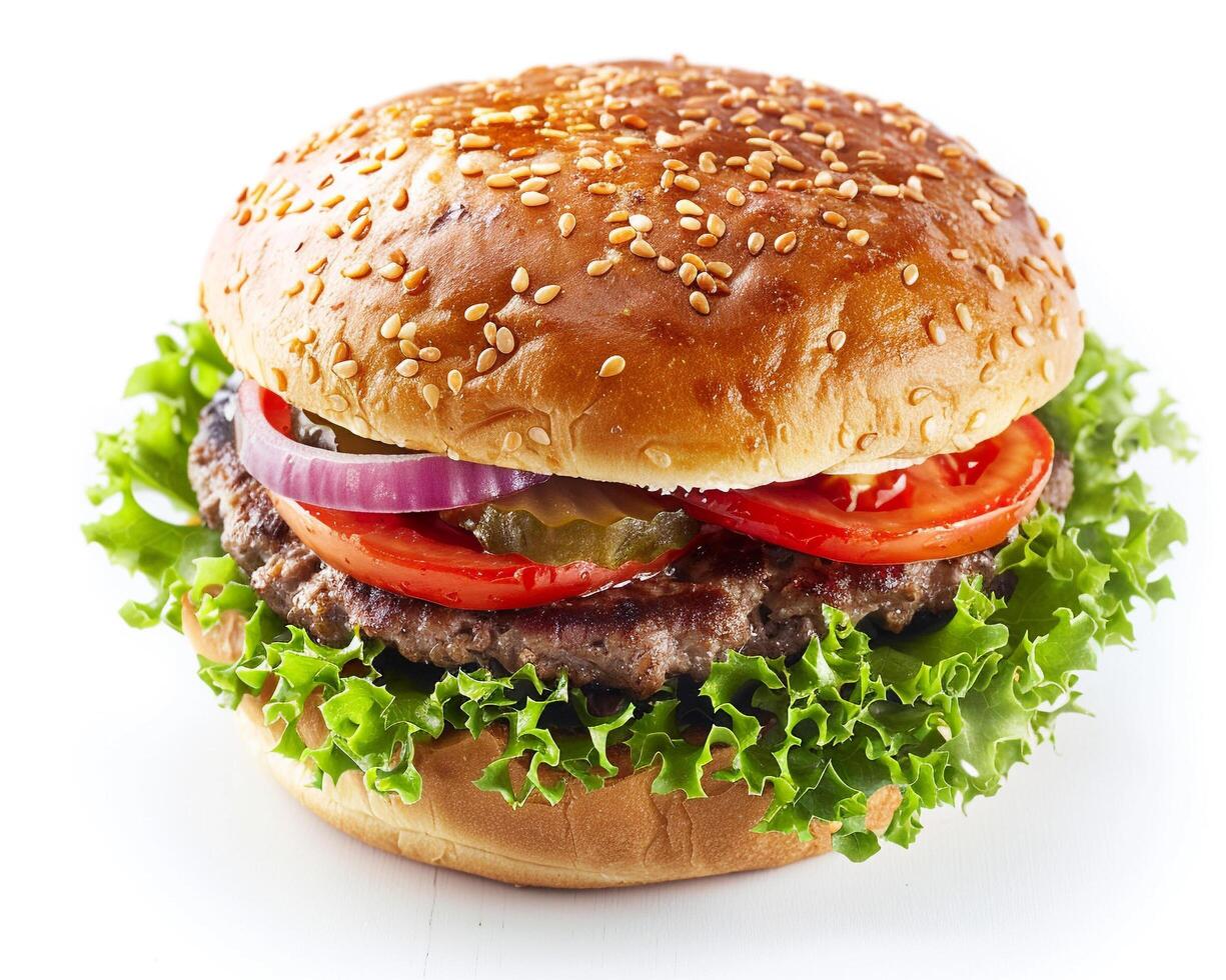 a hamburger with lettuce and tomato on a white background photo