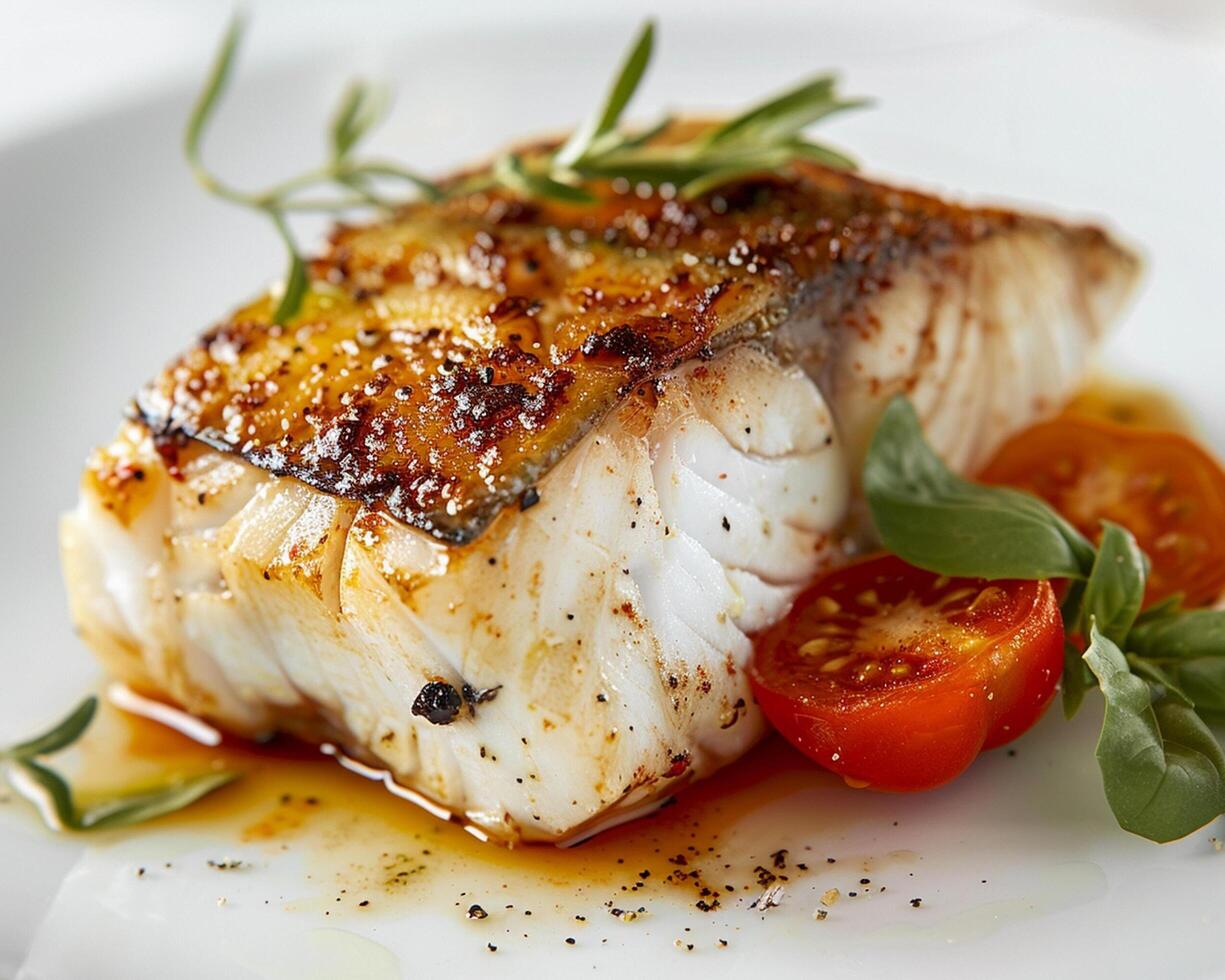 a piece of fish with tomatoes and herbs on it photo