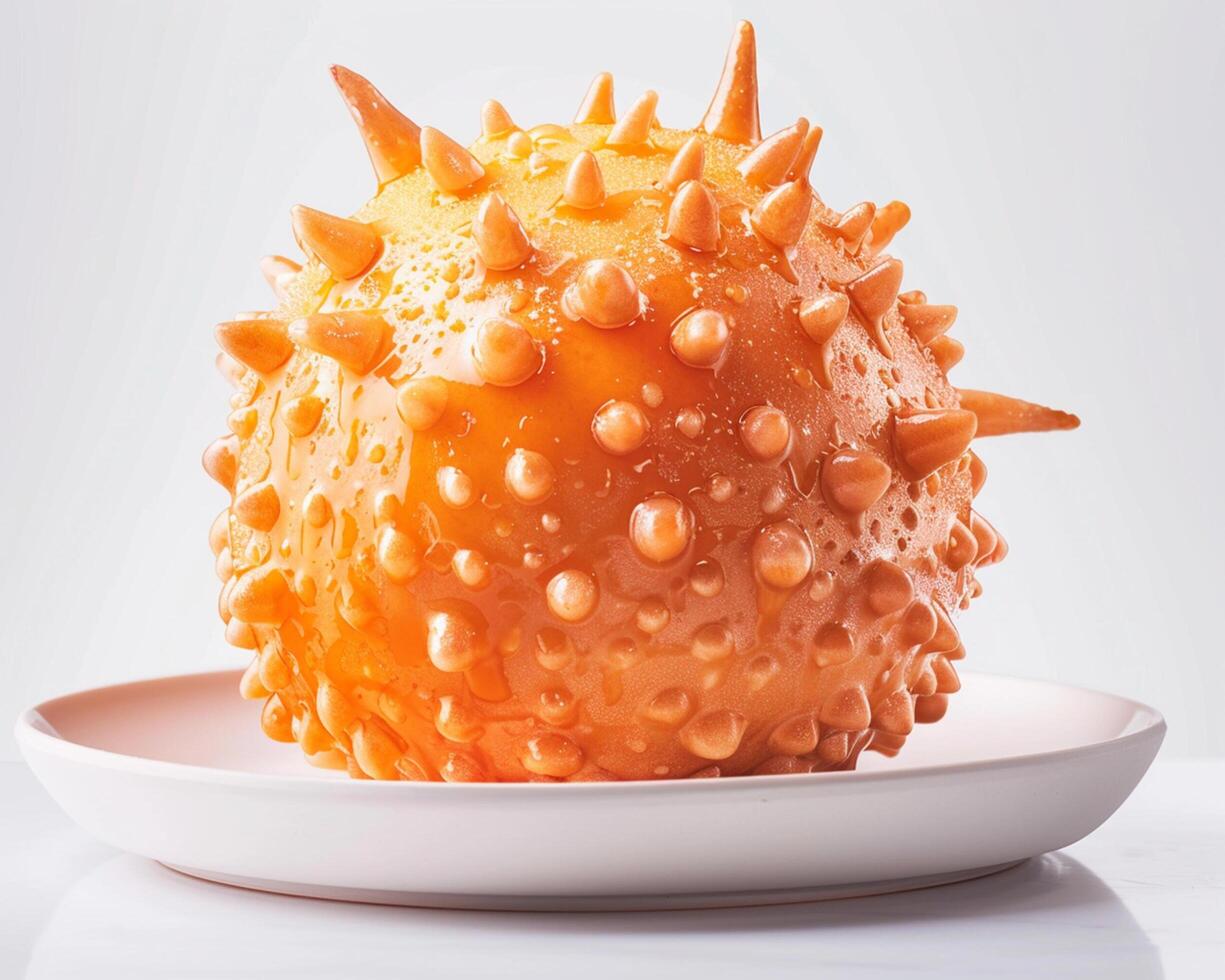 a large orange ball on a plate photo