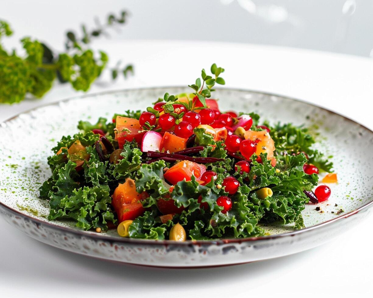a plate of kale salad with pomegranate and tomatoes photo