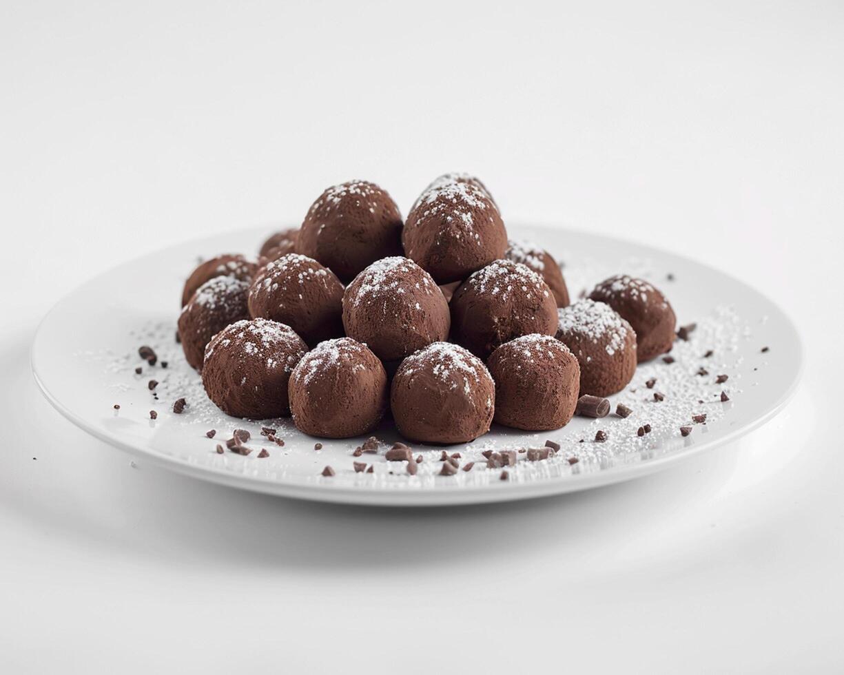 a plate of chocolate truffles on a white background photo