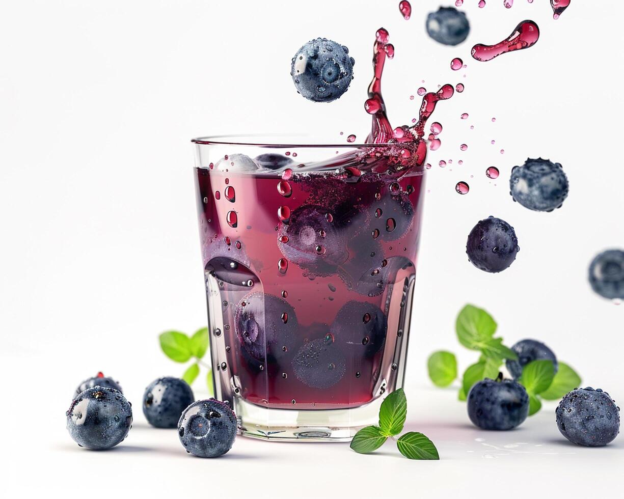 blueberry juice with splash on white background photo