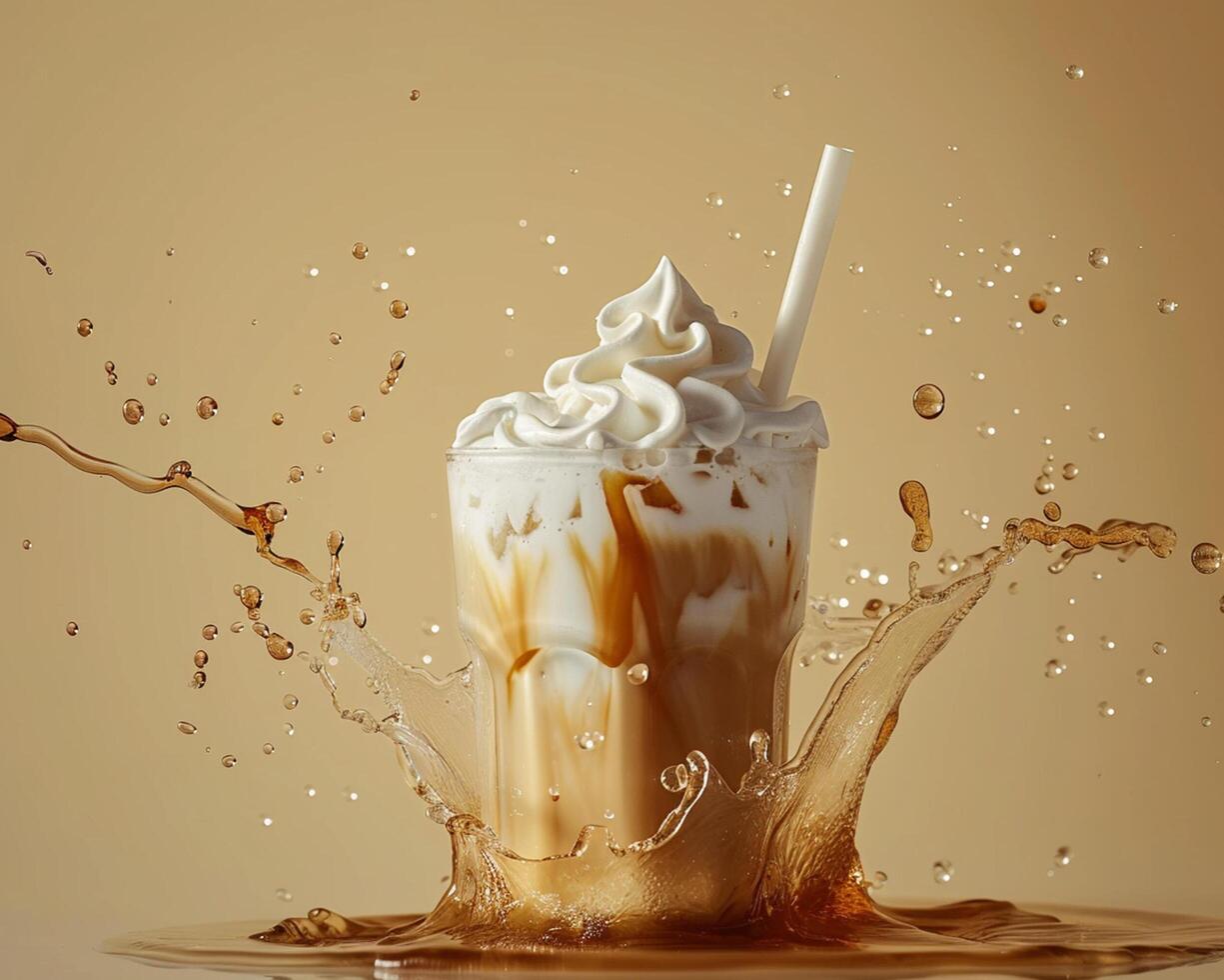 an iced coffee with whipped cream and a straw photo