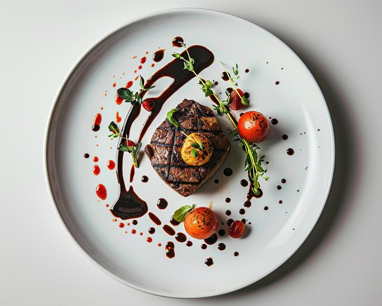 a steak is served on a white plate with sauce photo