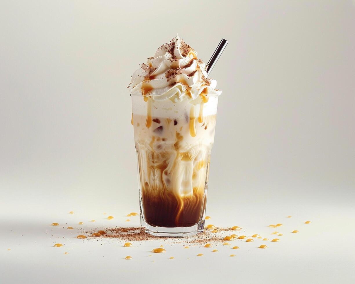 an iced coffee with whipped cream and caramel photo