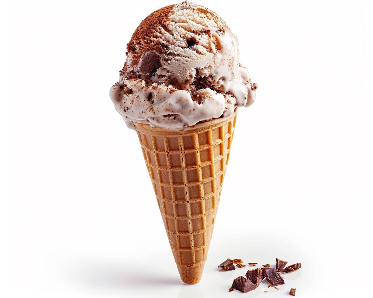 a scoop of ice cream in a cone with chocolate chips photo
