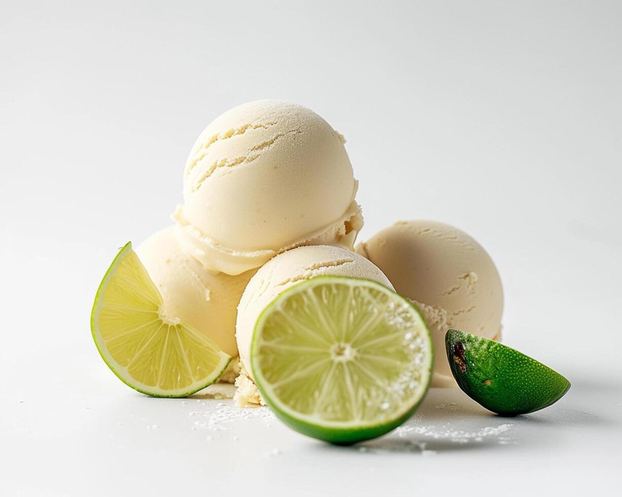 three ice cream scoops with lime slices photo