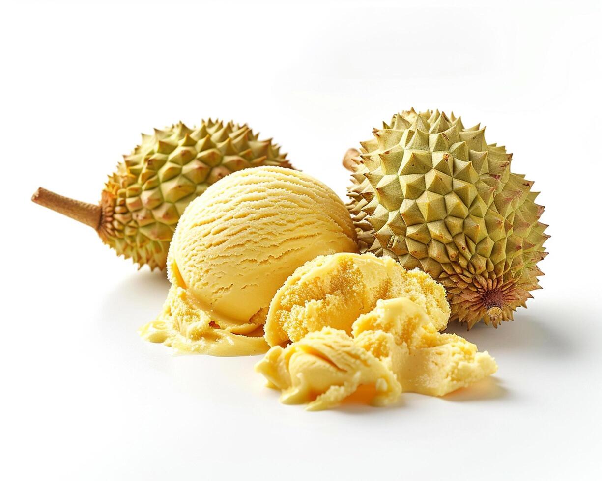 a durian ice cream with two pieces of fruit photo