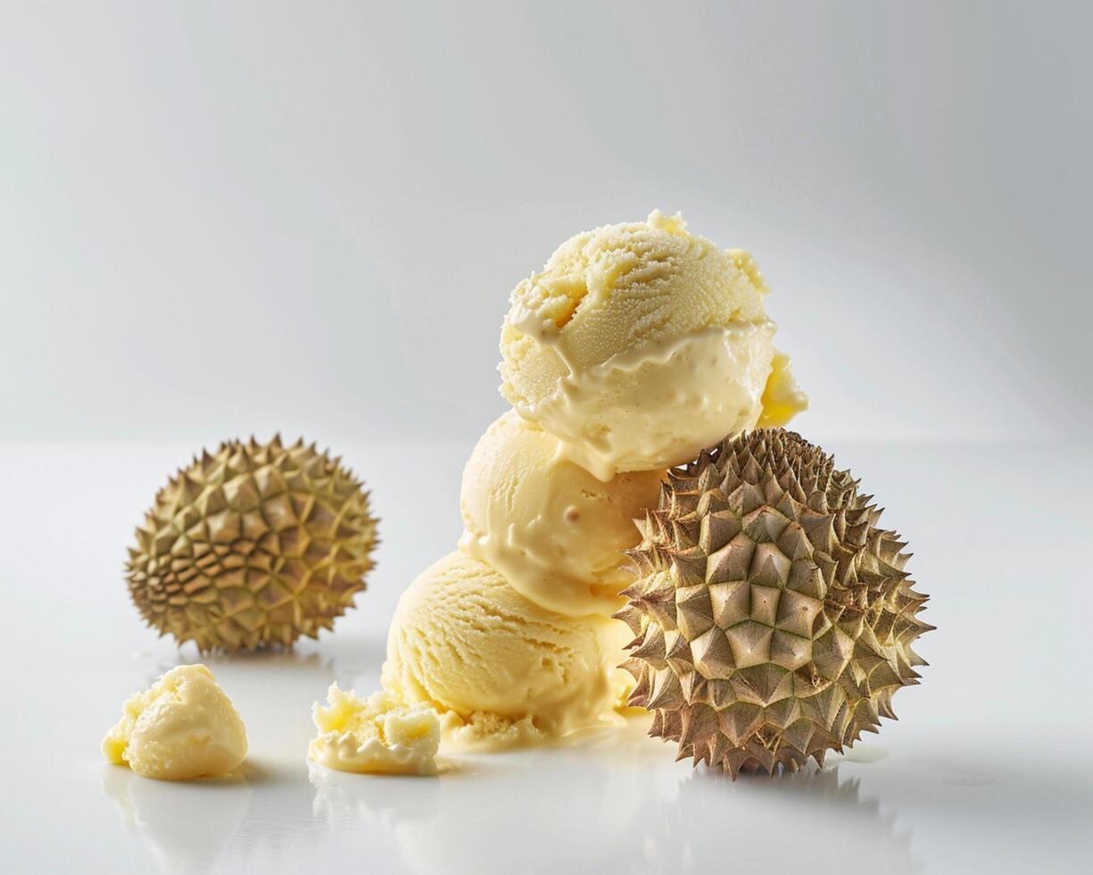 a durian ice cream with two pieces of fruit photo