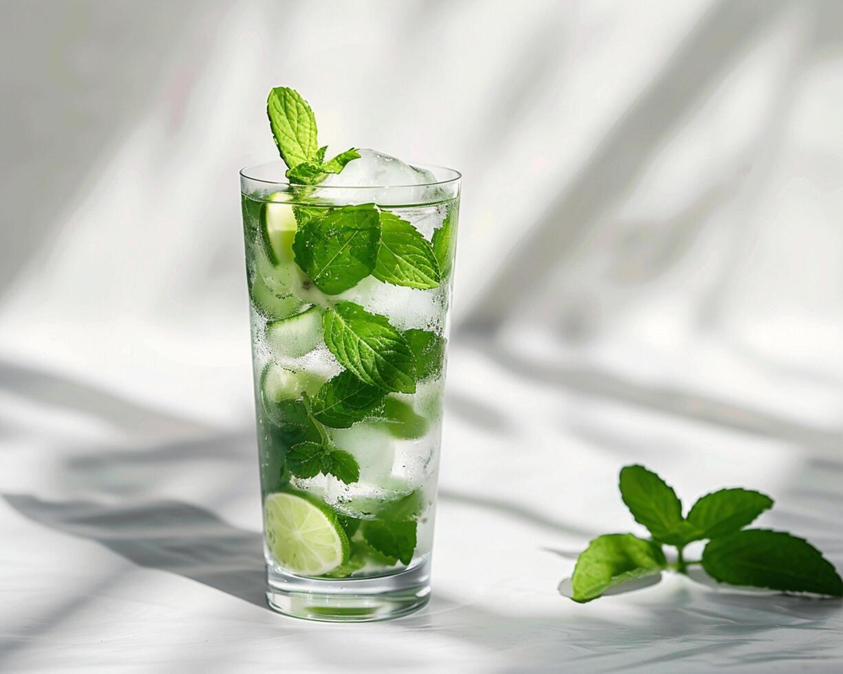 mojito in a glass with lime and mint photo