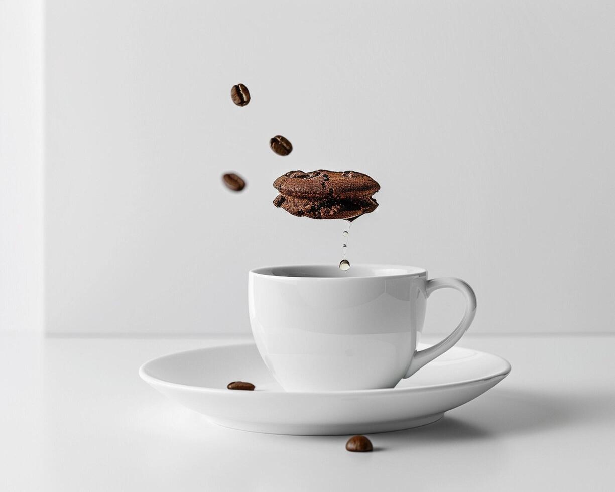 coffee beans falling from a cup on a white table photo