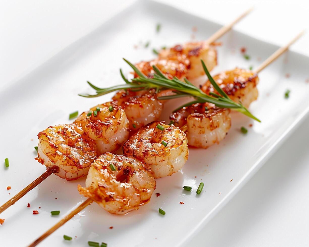shrimp skewers on a white plate photo