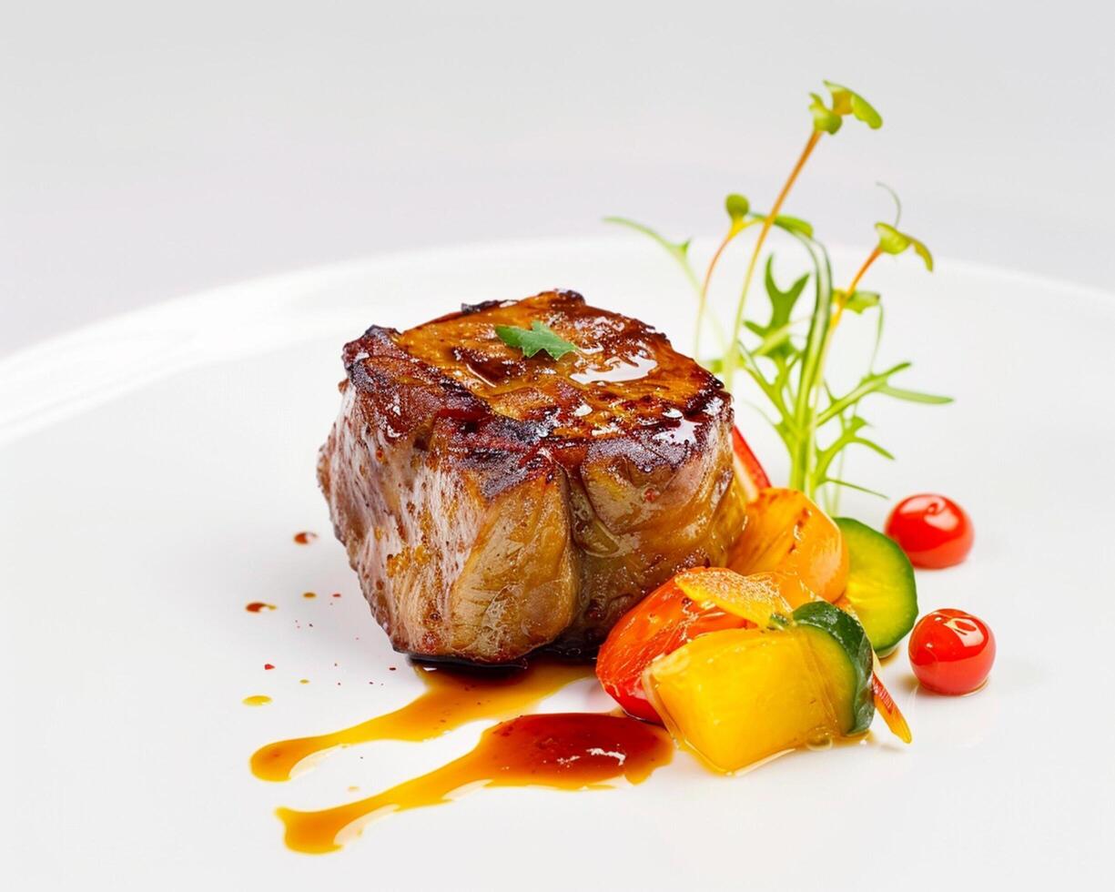 a piece of meat on a white plate with sauce photo