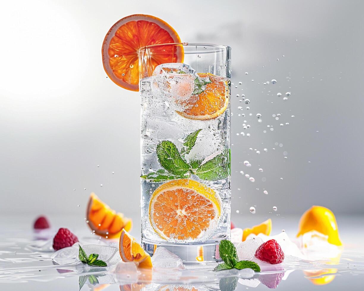 a glass of water with an orange slice and a mint photo