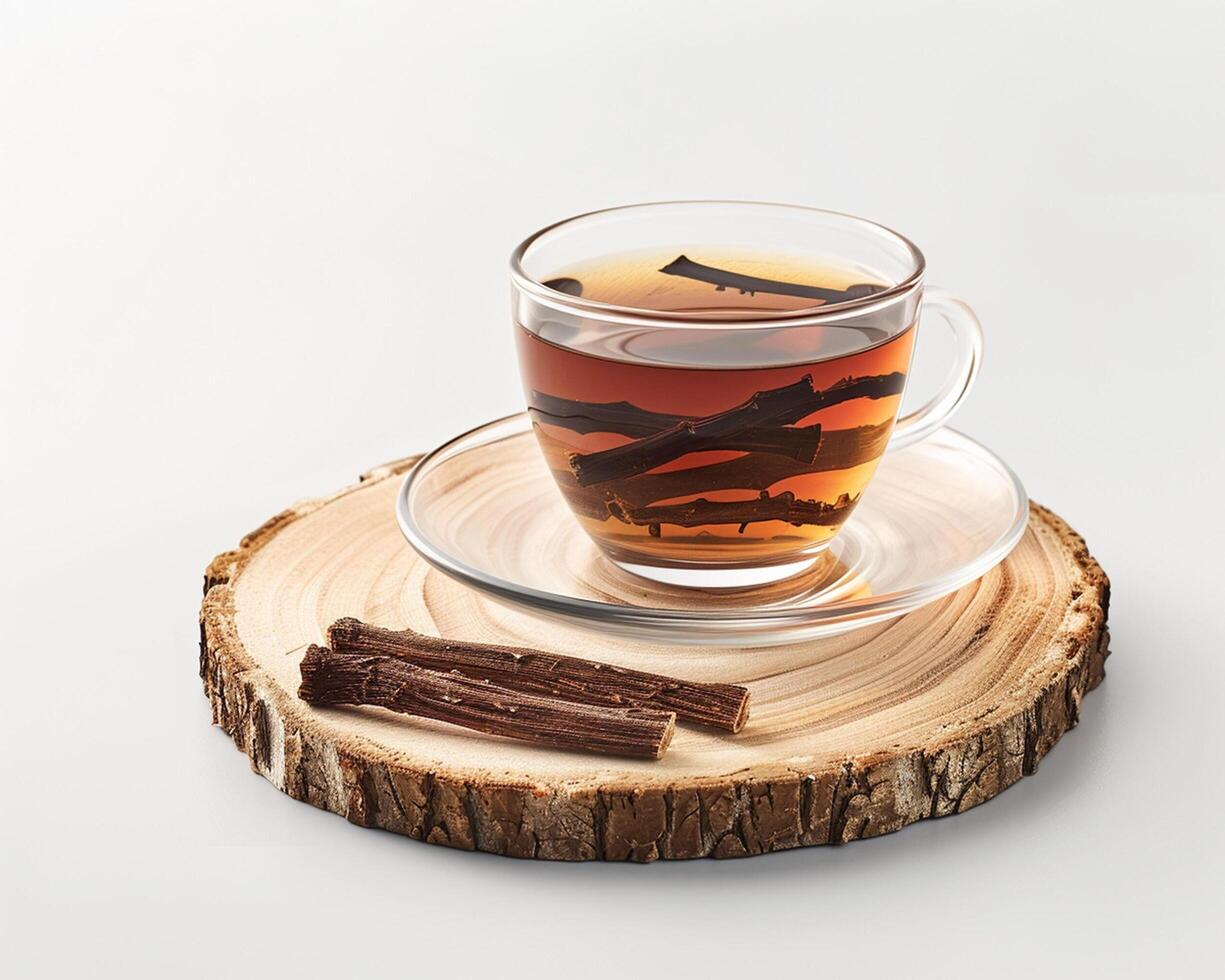 a cup of tea on a wooden slice with a stick photo