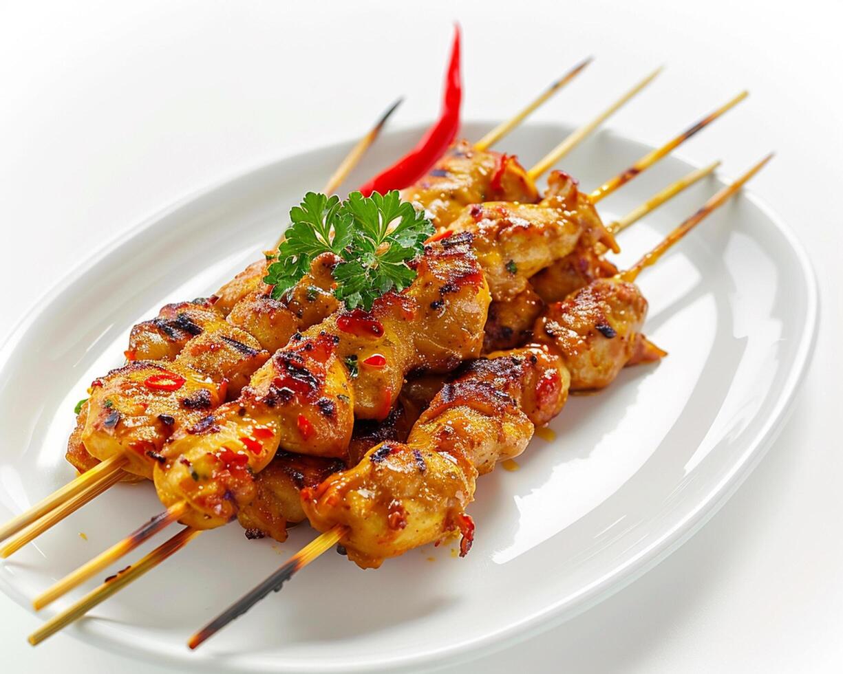 chicken satay on a white plate photo