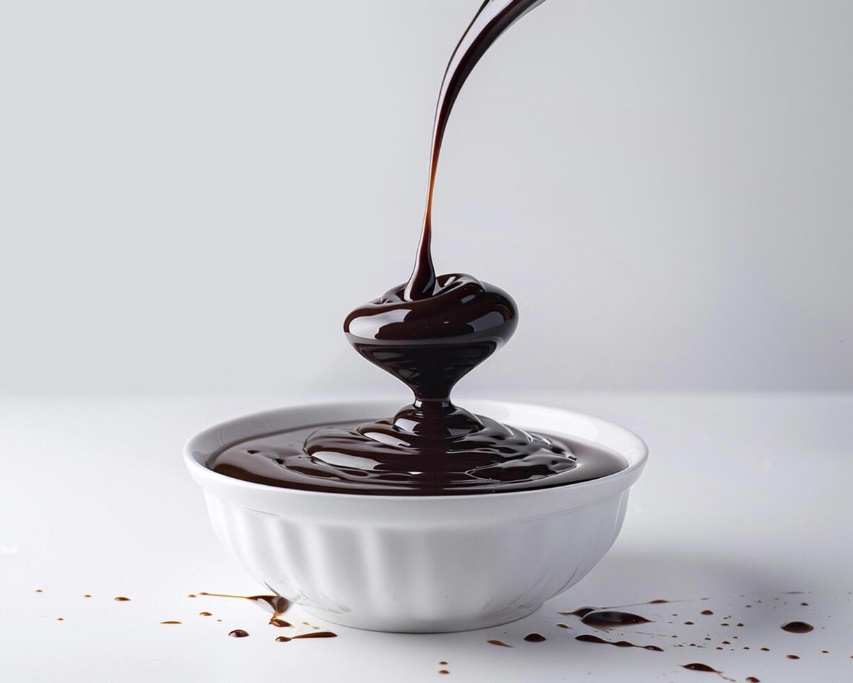 a bowl of chocolate syrup being poured into a bowl photo