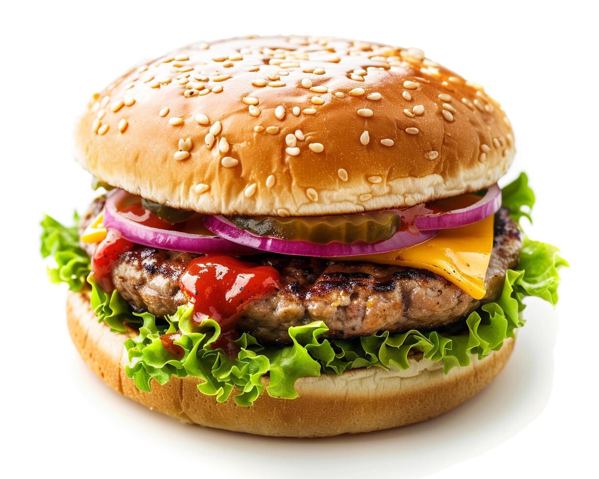 a hamburger with cheese, onions and tomatoes photo