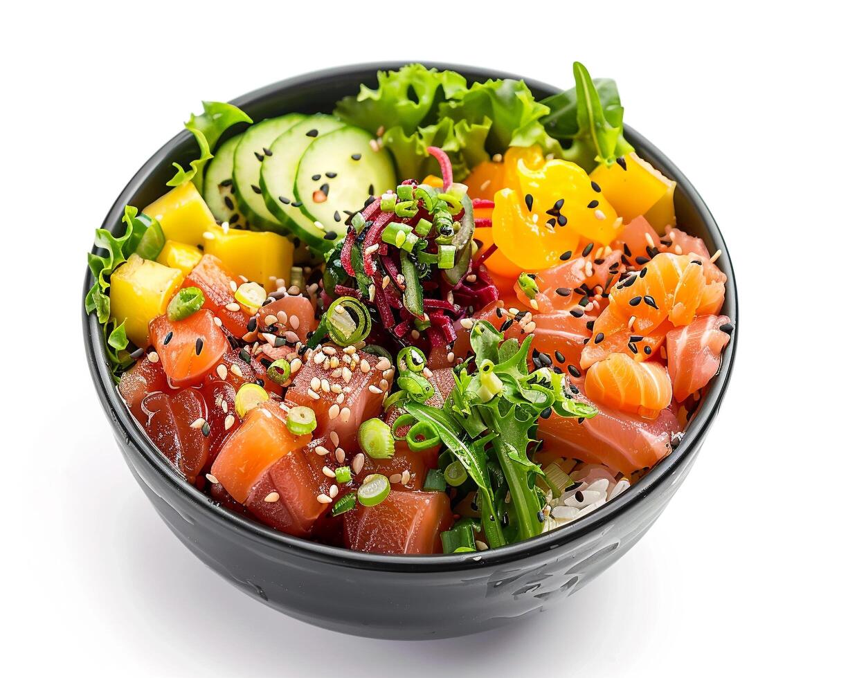 a bowl of sushi with vegetables and meat photo