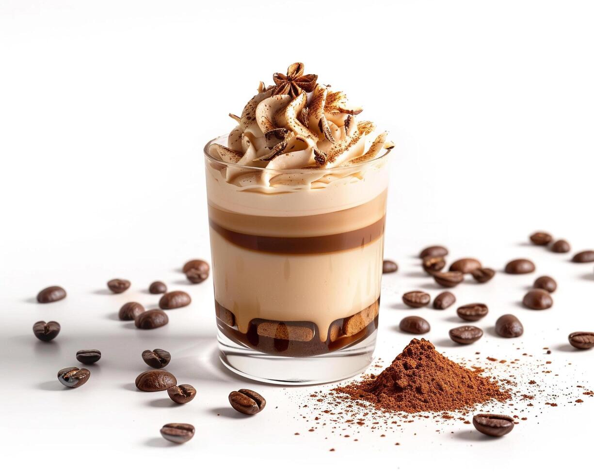 a coffee drink with whipped cream and coffee beans photo