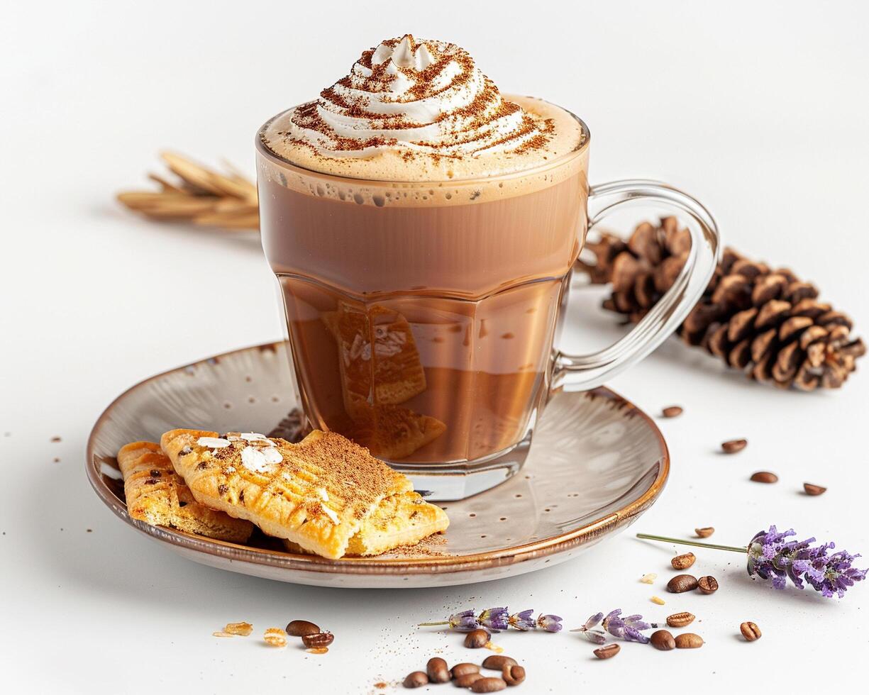 a cup of hot chocolate with whipped cream and a waffle photo