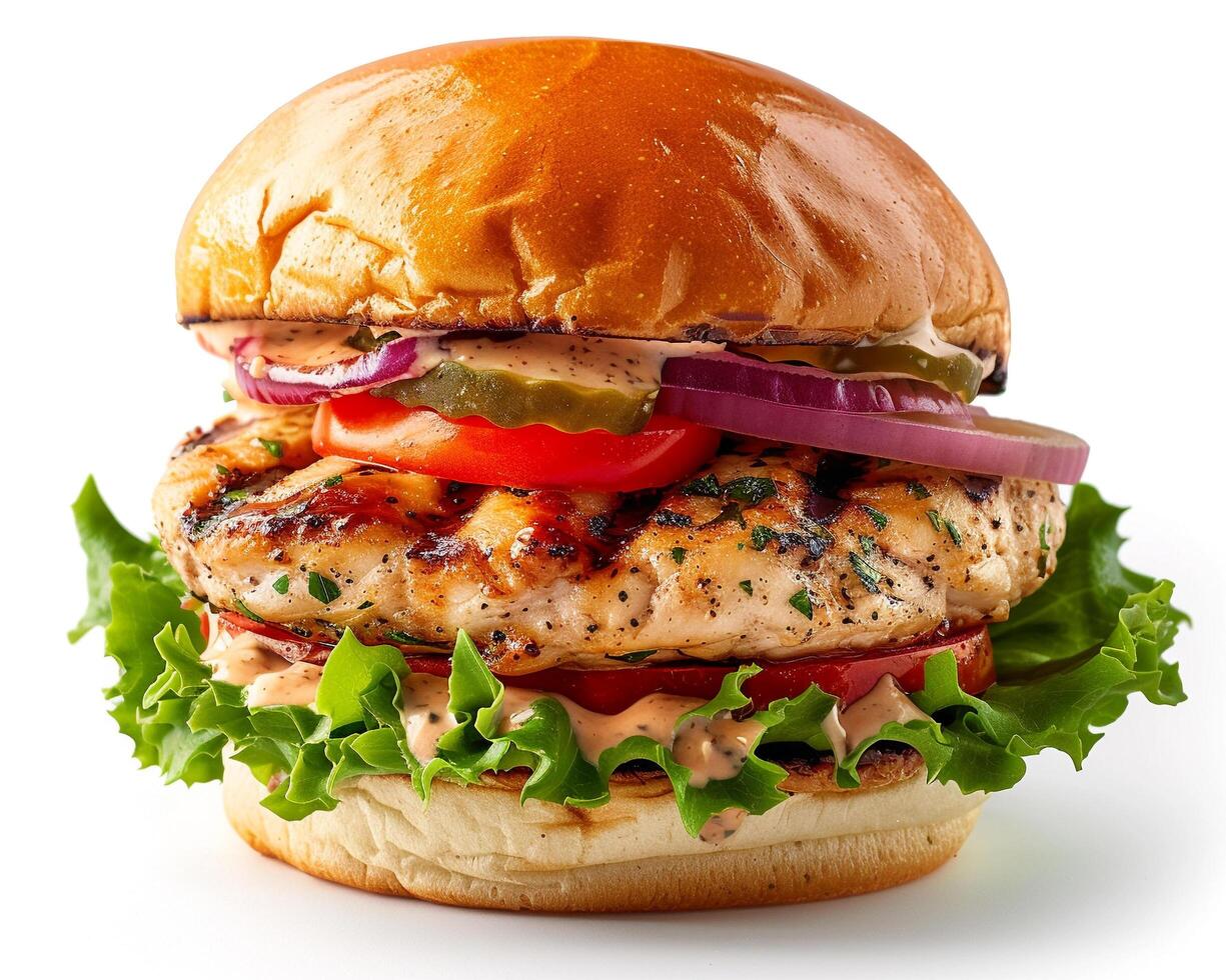 a chicken burger with lettuce, tomato and onion photo
