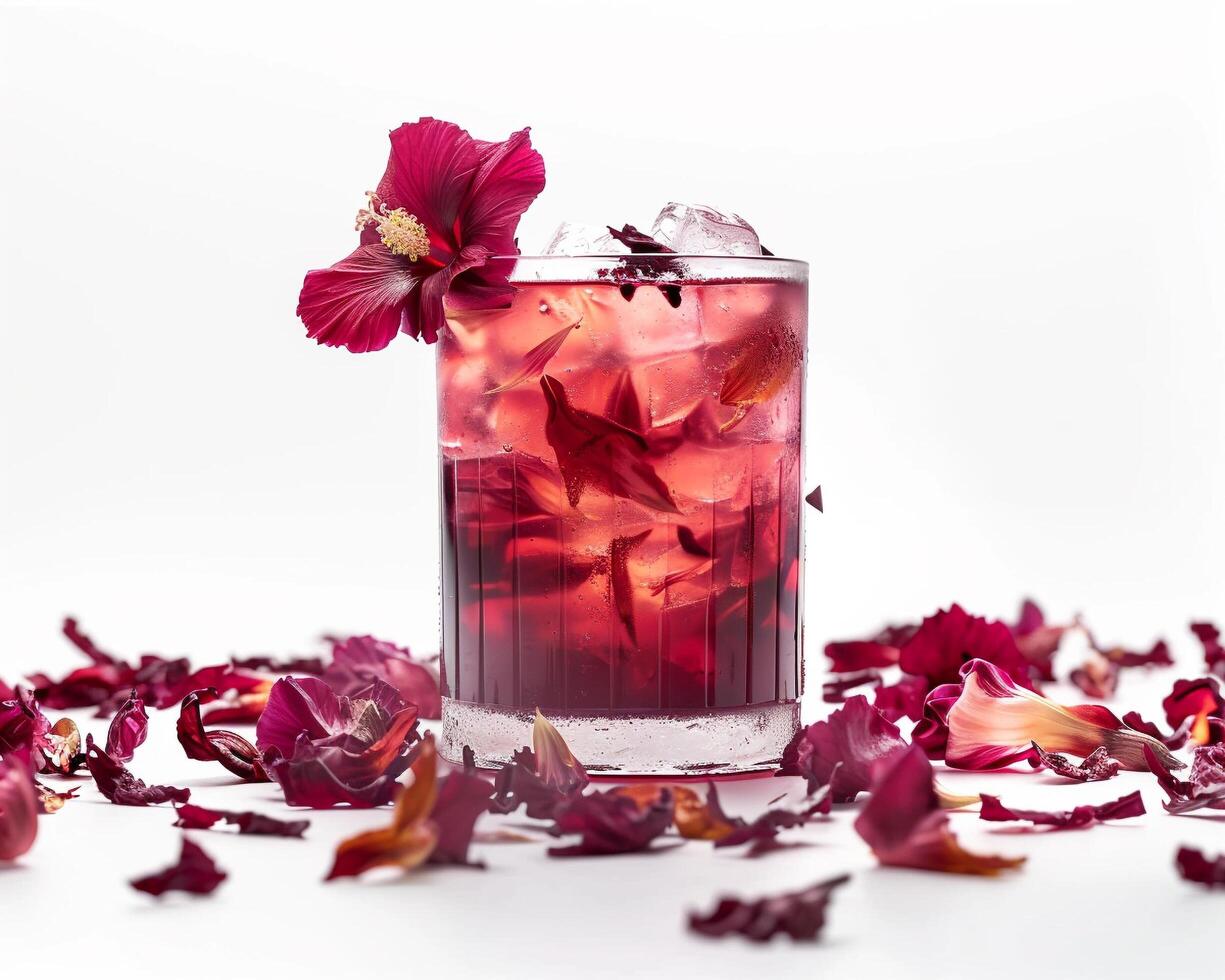 a glass of red drink with flowers on the side photo