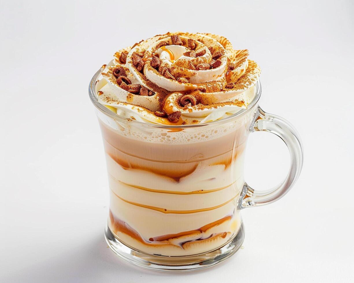 a coffee drink with whipped cream and caramel topping photo