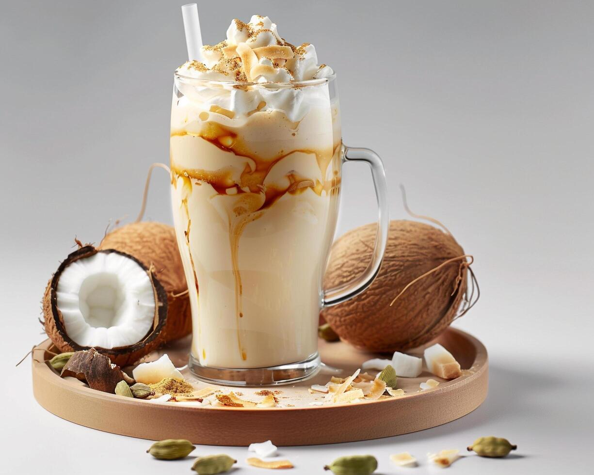 a glass of milk with whipped cream and coconut photo