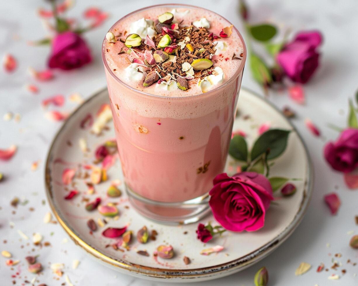 a pink smoothie with a rose on top photo