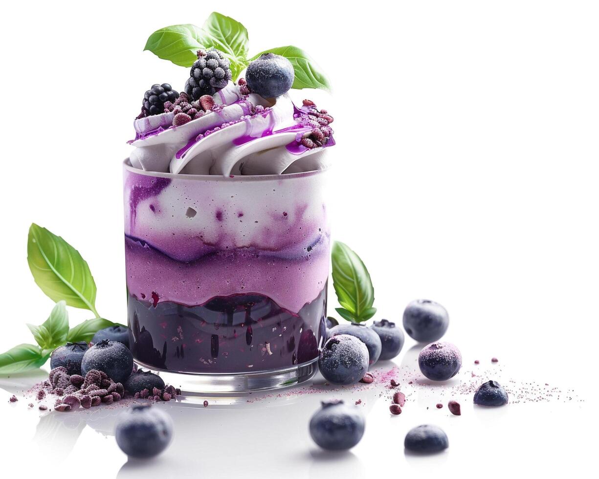 a dessert with blueberries and cream photo