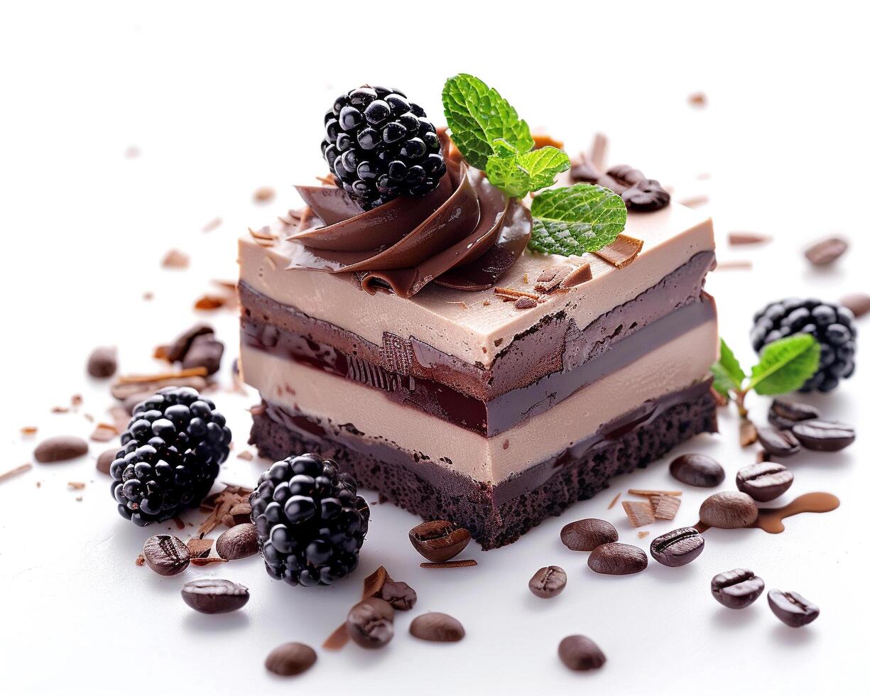 a piece of chocolate cake with blackberries and mint photo