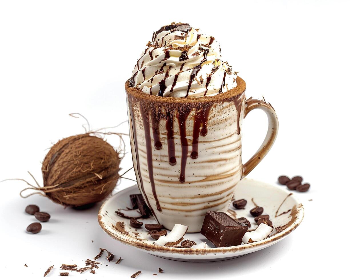 a hot chocolate with whipped cream and chocolate chips photo