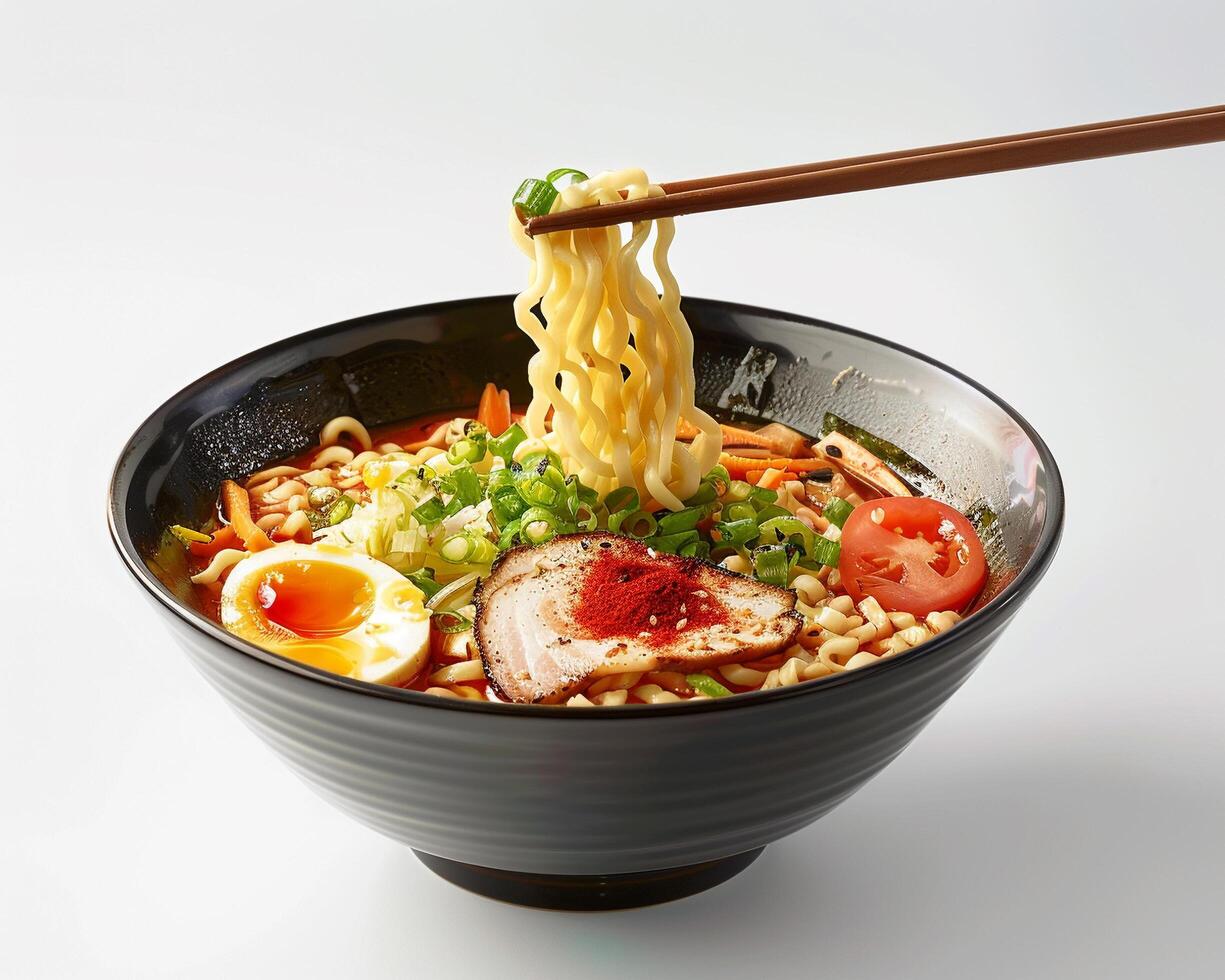 a bowl of ramen with chopsticks holding it up photo
