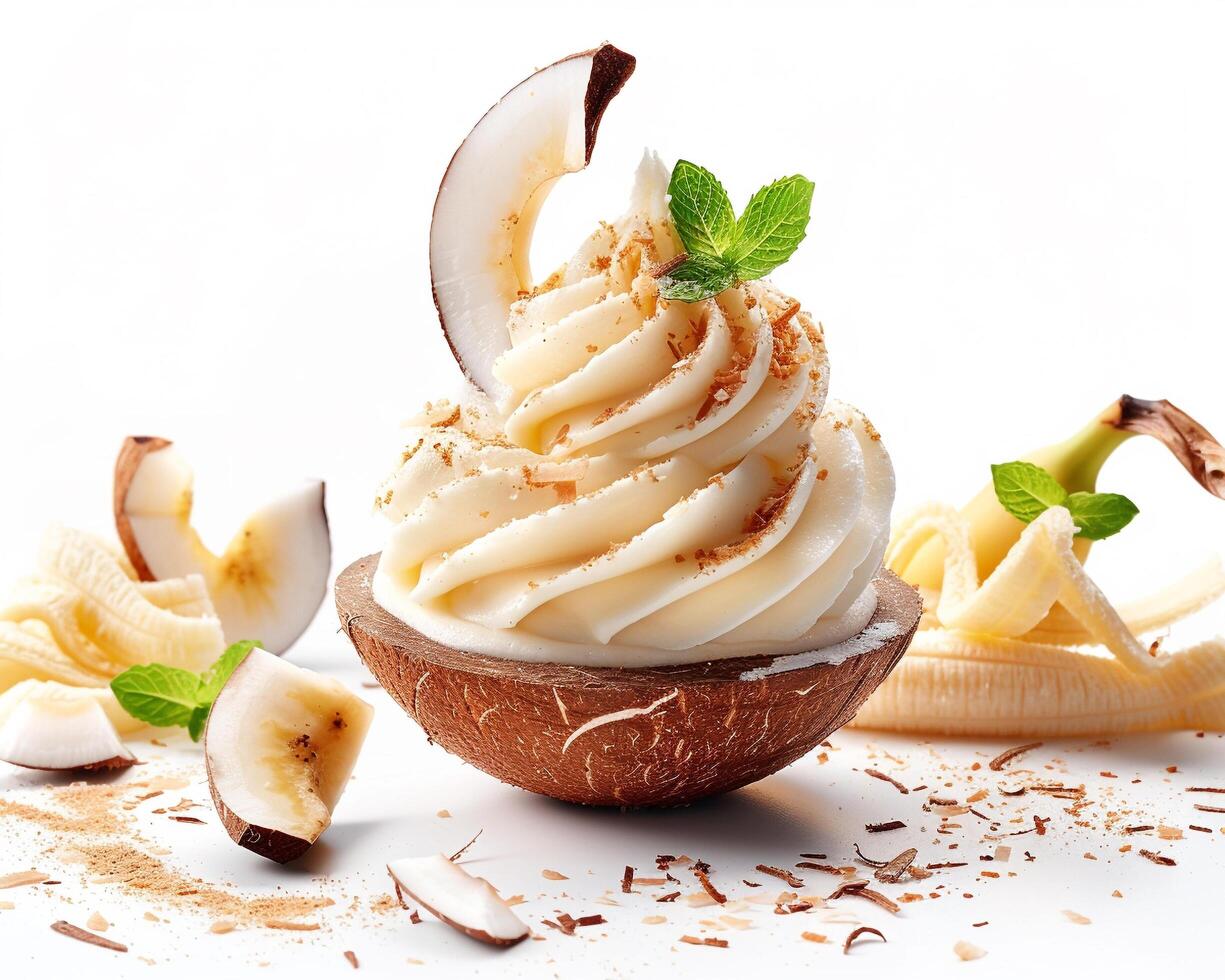 a banana and coconut ice cream with whipped cream photo