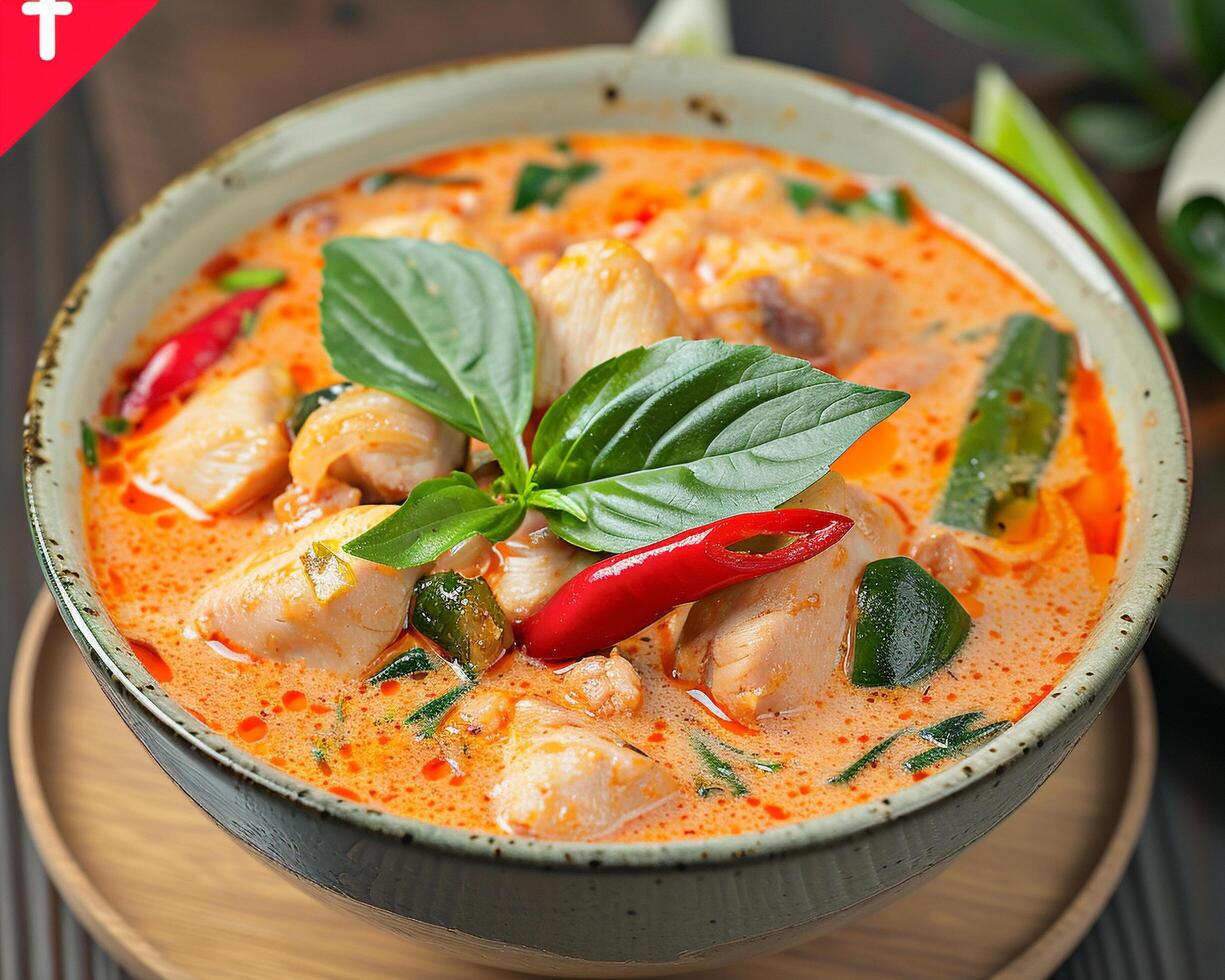 a bowl of curry with chicken and vegetables photo