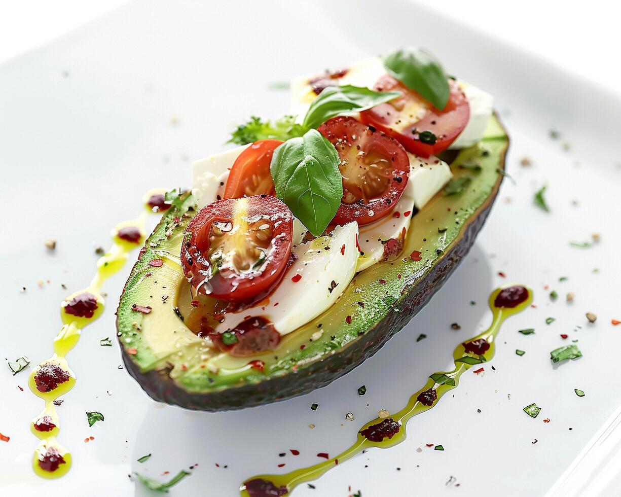 a white plate with a tomato and avocado sandwich photo