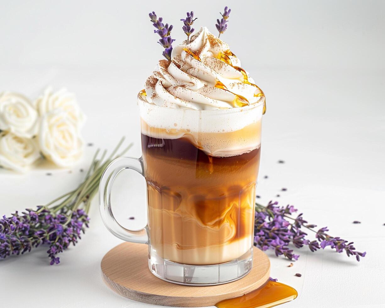 Lavender and Vanilla Latte with Whipped Cream and Caramel on a Wooden Board photo