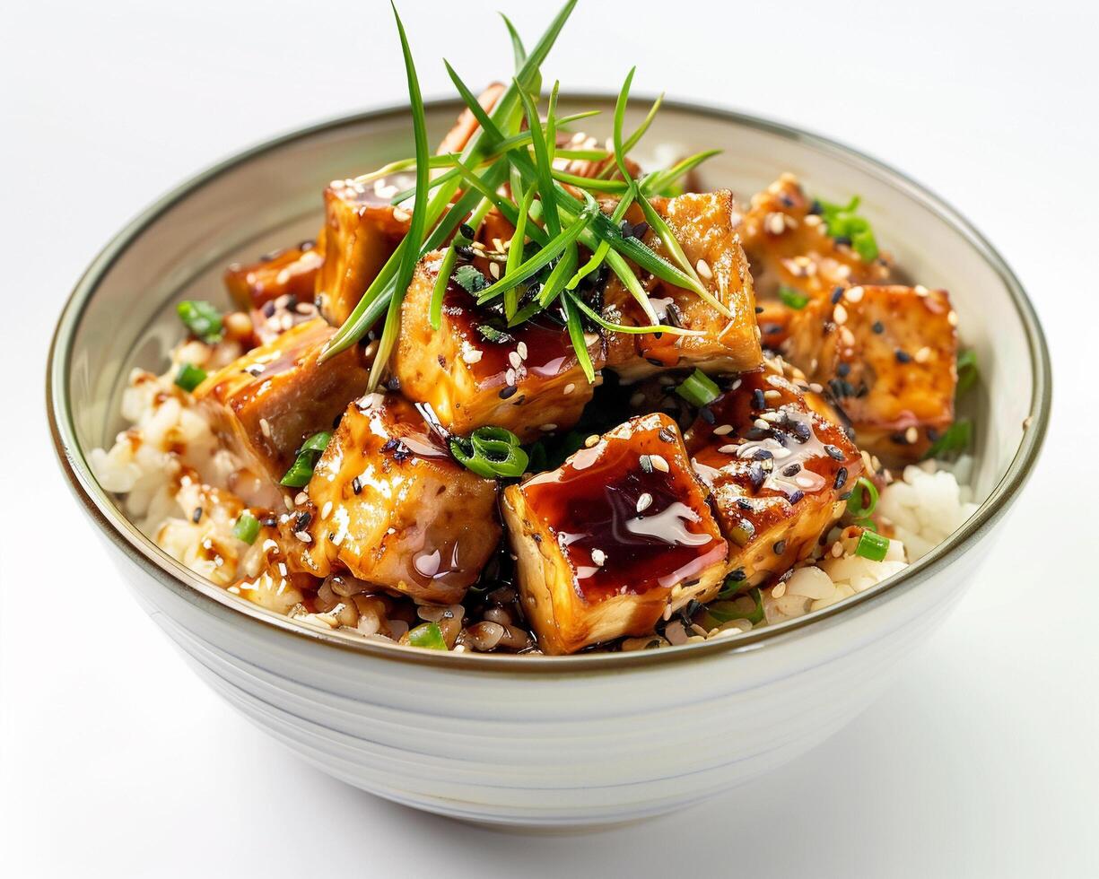 A Bowl of Rice and Tofu with Green Onions photo